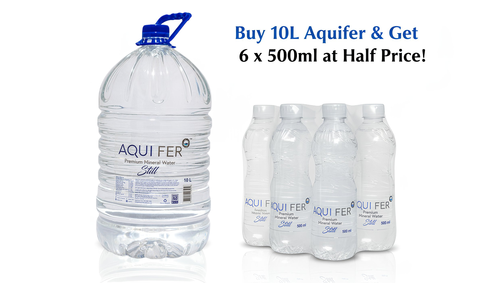 Aquifer Home Essential Pack – Buy 10L Aquifer Still Water and get six 500ml bottles at half price. Premium mineral water for home and office hydration.